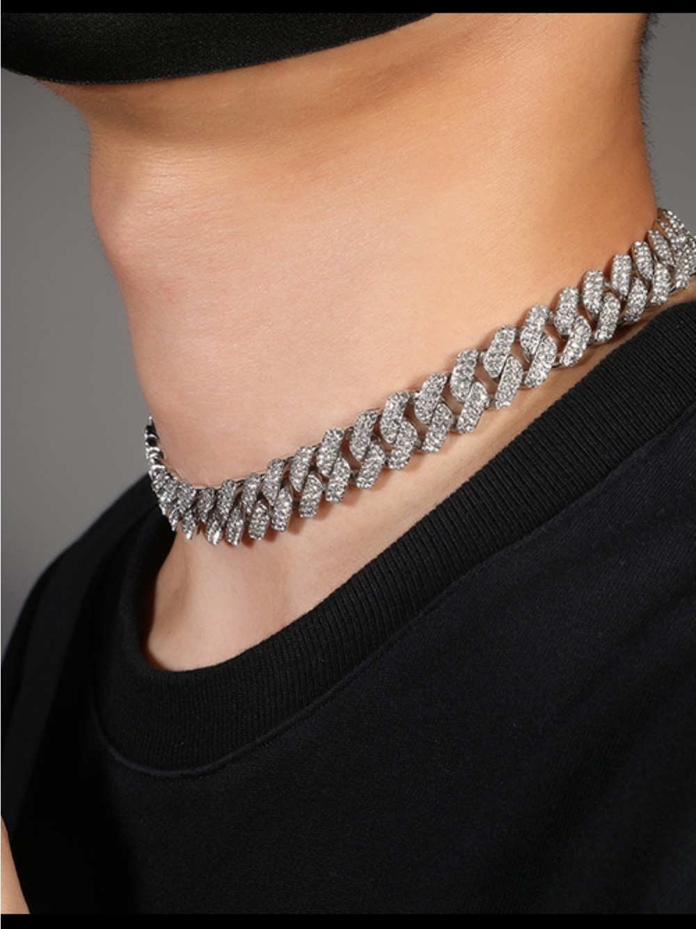 Crystal Pavé Cuban Link Choker Necklace - men’s Silver Sparkle